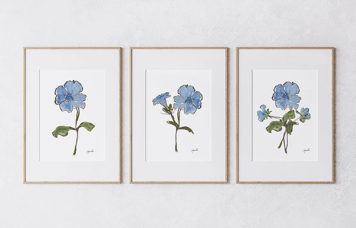 Set of 3 'Blue Pansies I, II & III' botanical studies