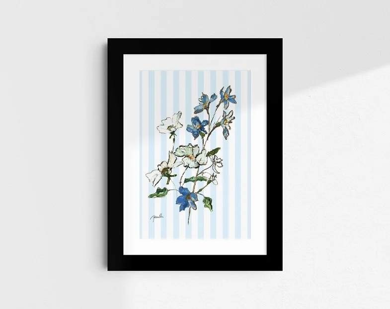 'Delphinium & Cosmos on blue stripe' botanical study fine art reproduction