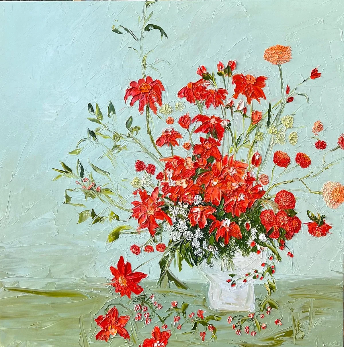 SOLD - 'Sierra Kisses; Marigolds in Bloom', 95cm x 95cm Oil on linen, Framed.
