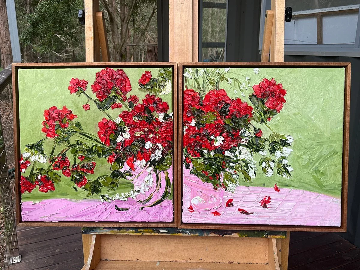 COMMISSION - A diptych of geraniums celebrating the vibrant colour palette of pink and green. This collector drew inspiration from one of my larger pieces and asked for a diptych. Each painting measures 43cm x 43cm. The frame is a beautiful blackwood