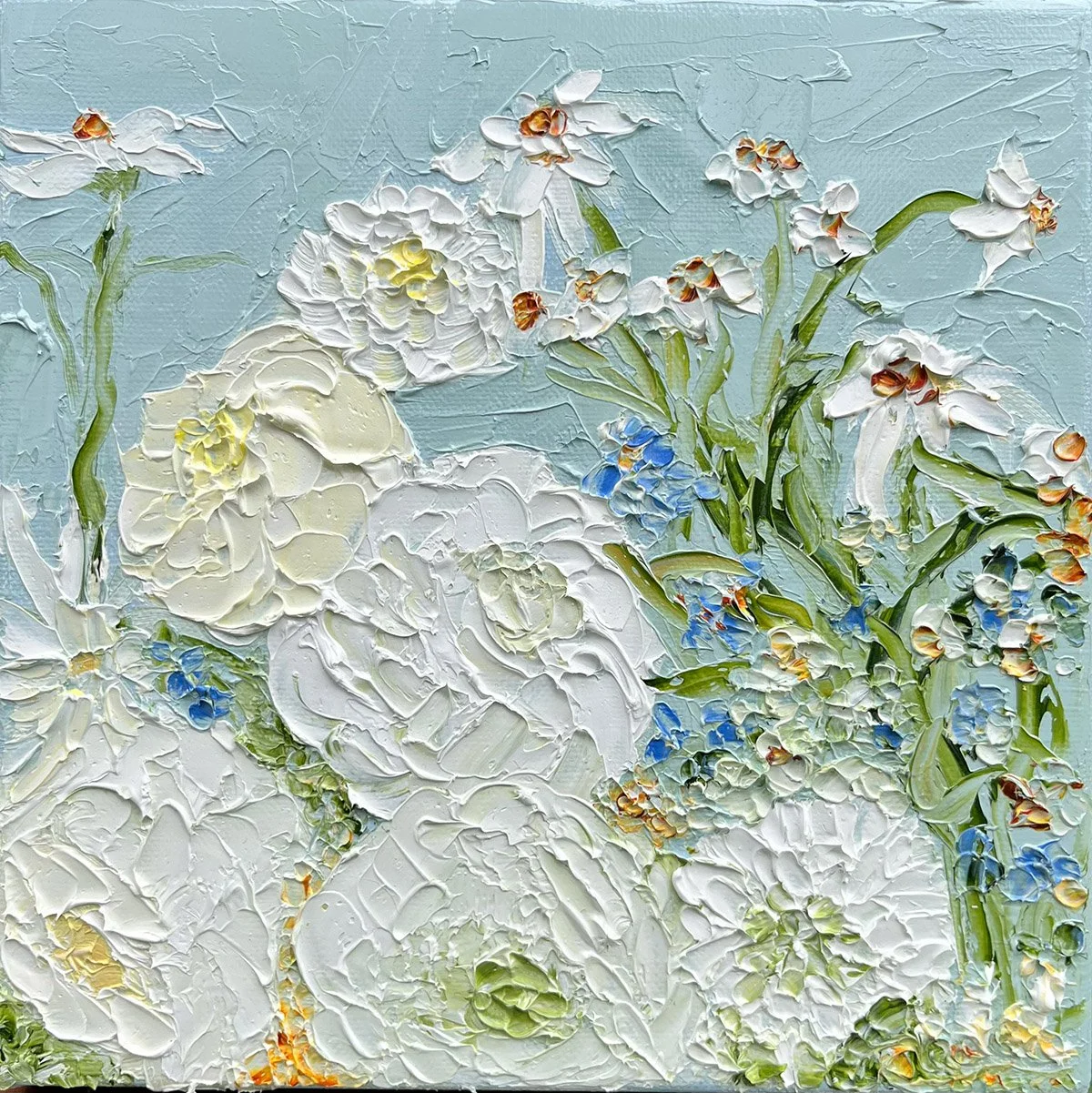SOLD - 'The Proud Heralds of Spring III', 23.5cm x 23.5cm, Oil, framed in Oak.
Whimsical and delicate this is an impactful desktop delight. Textured with thick oil. 