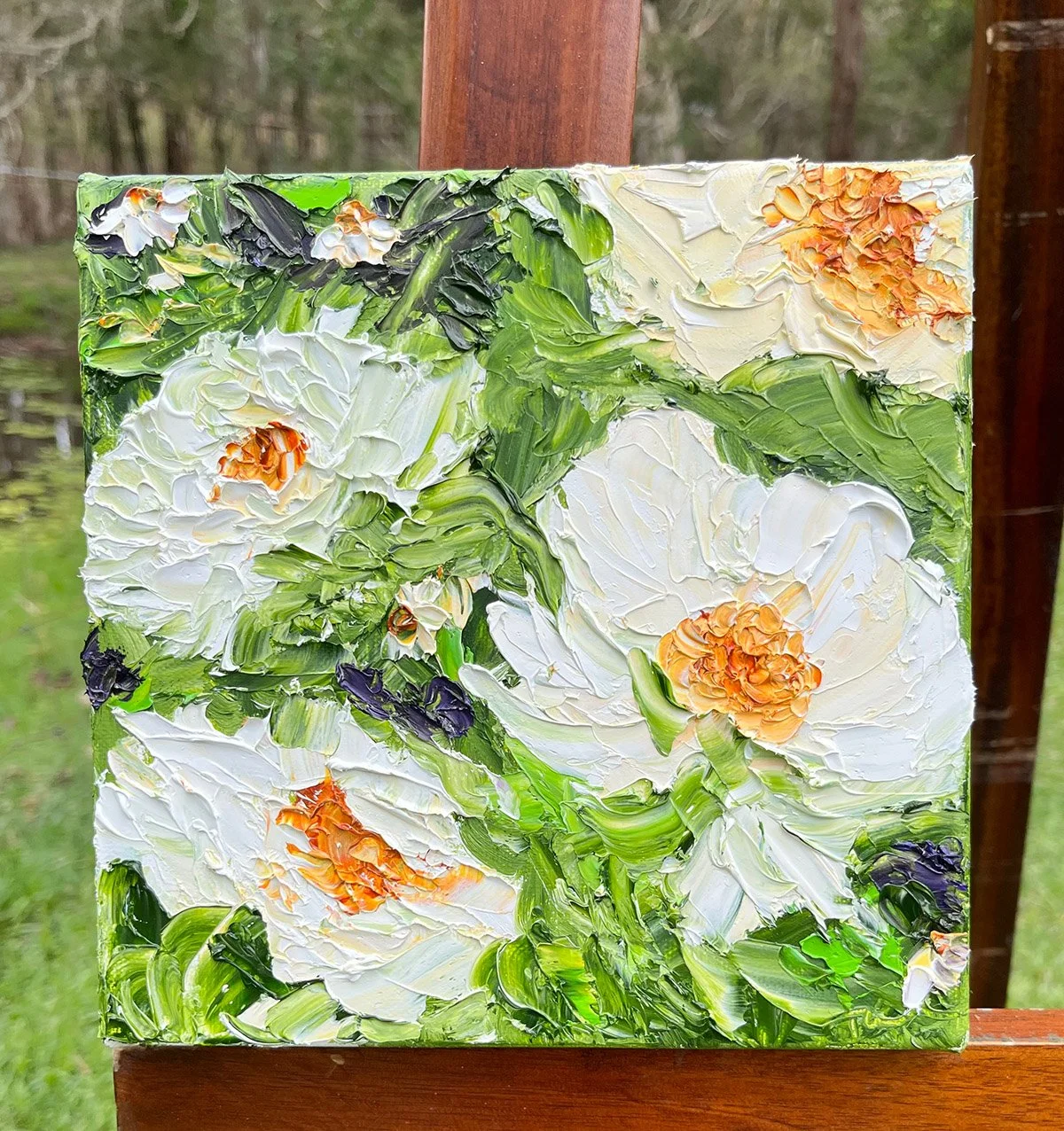 SOLD - 'Heavenly Peonies in Bloom', 23.5cm x 23.5cm, Oil, framed in oak (not shown).
Peonies delight everyone and especially when nestled in a field of green. Textured, bold and delicious. 