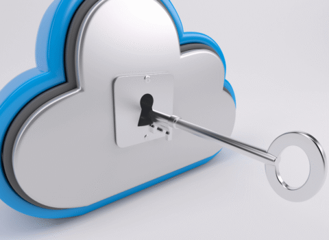A cloud-shaped object with a keyhole and a key inserted into it.