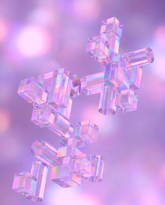 Hanging iridescent geometric shapes composed of transparent cubes and cylinders against a pastel purple and pink blurry background.