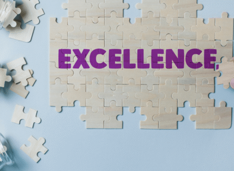 Puzzle pieces spelling out the word 'EXCELLENCE' in purple letters on an unfinished puzzle background.