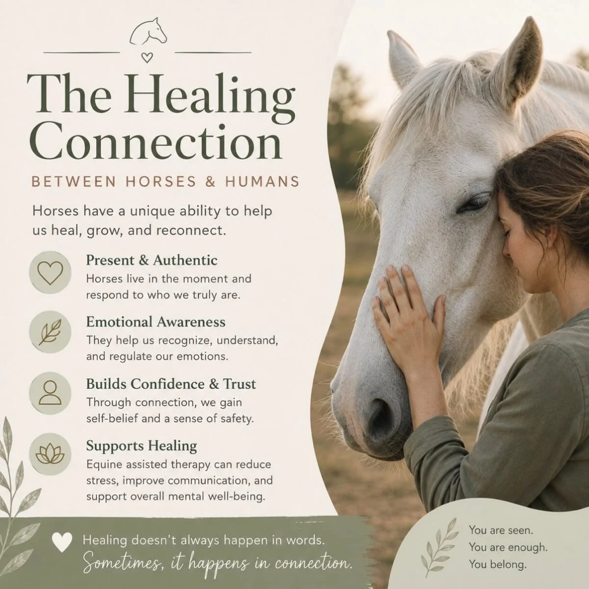 Research suggests that interactions with horses may help improve emotional awareness, reduce stress, build confidence, strengthen communication, and support emotional regulation when integrated into therapeutic care.

Healing doesn&rsquo;t always hap
