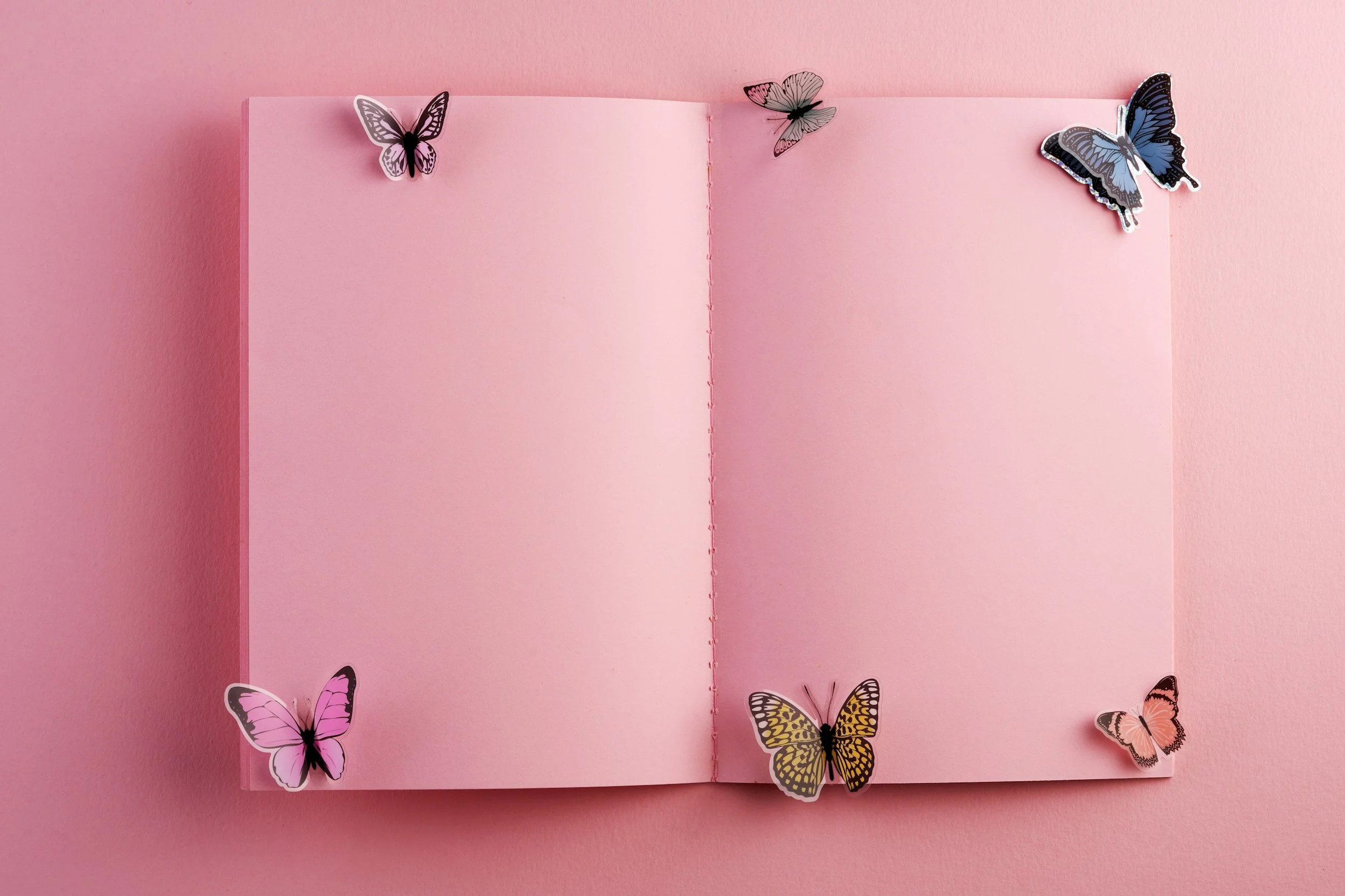 An open pink book with blank pages, decorated with seven colorful butterfly cutouts, on a pink background.