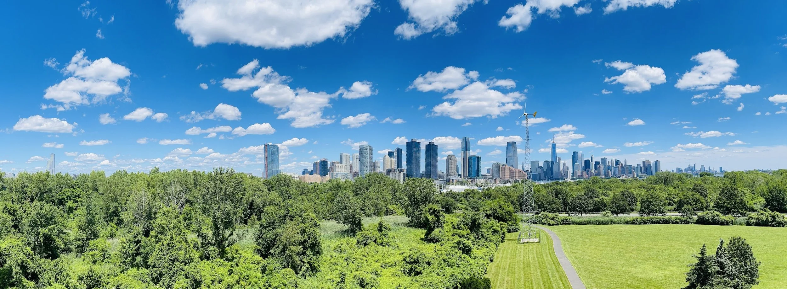 City skyline with tall buildings, green trees, and a park under a blue sky with scattered clouds.