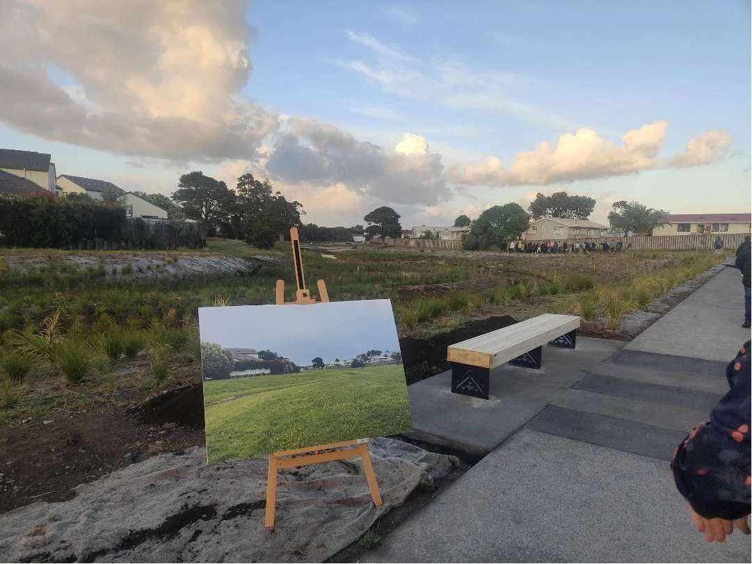 "Before" photo placed on an easel showing the transformation taking place at Te Aka Raataa.