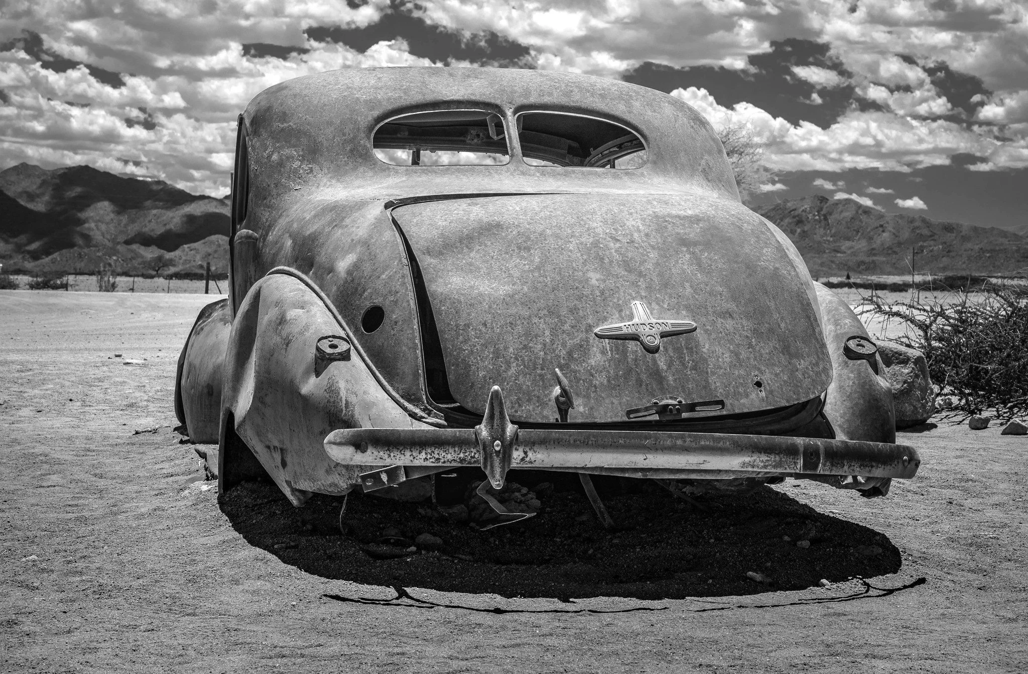 Abandoned Hudson Car in Namib Desert - Black and White Photography Print
