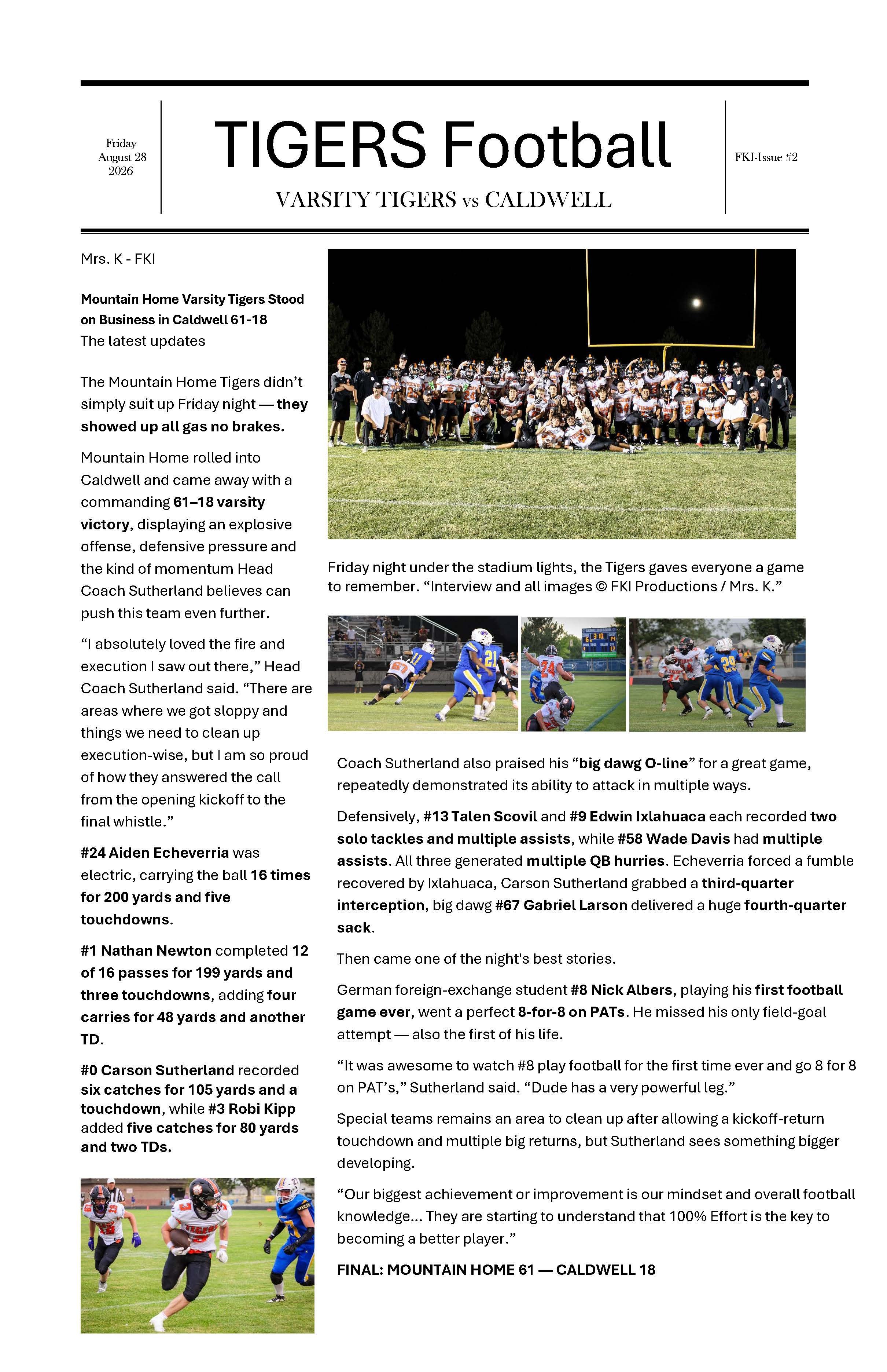 ISSUE #2                   TIGERS VARSITY     08/28/2026