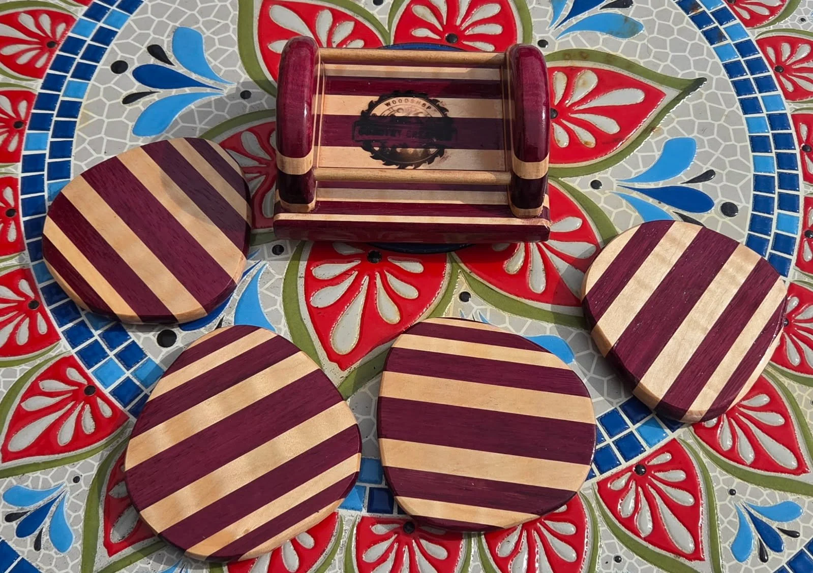 #63 Purple Heart & Maple Coaster Set with Caddy