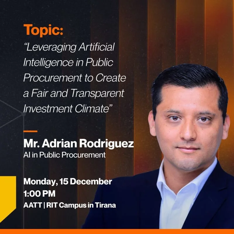 Event poster featuring a professional photo of Mr. Adrian Rodriguez, discussing leveraging artificial intelligence in public procurement. The event is scheduled for Monday, December 15 at 1:00 PM at AATT, RIT Campus in Tirana.