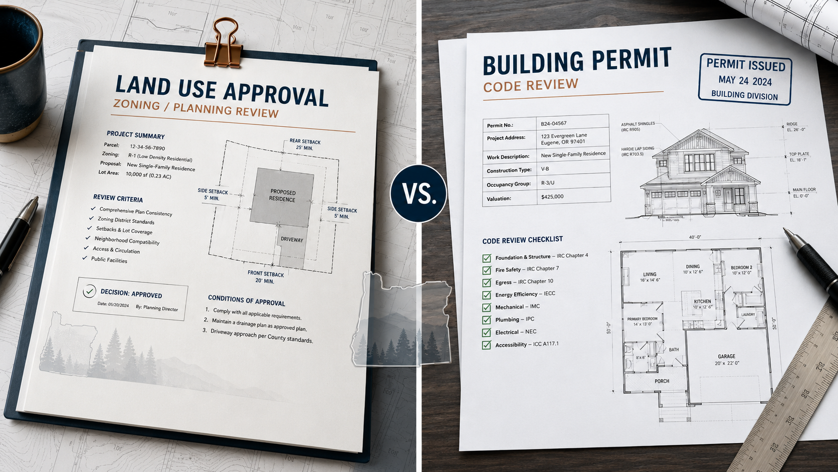 Split-view graphic comparing Oregon land use approval and building permit approval for ADUs, remodels, and small construction projects.