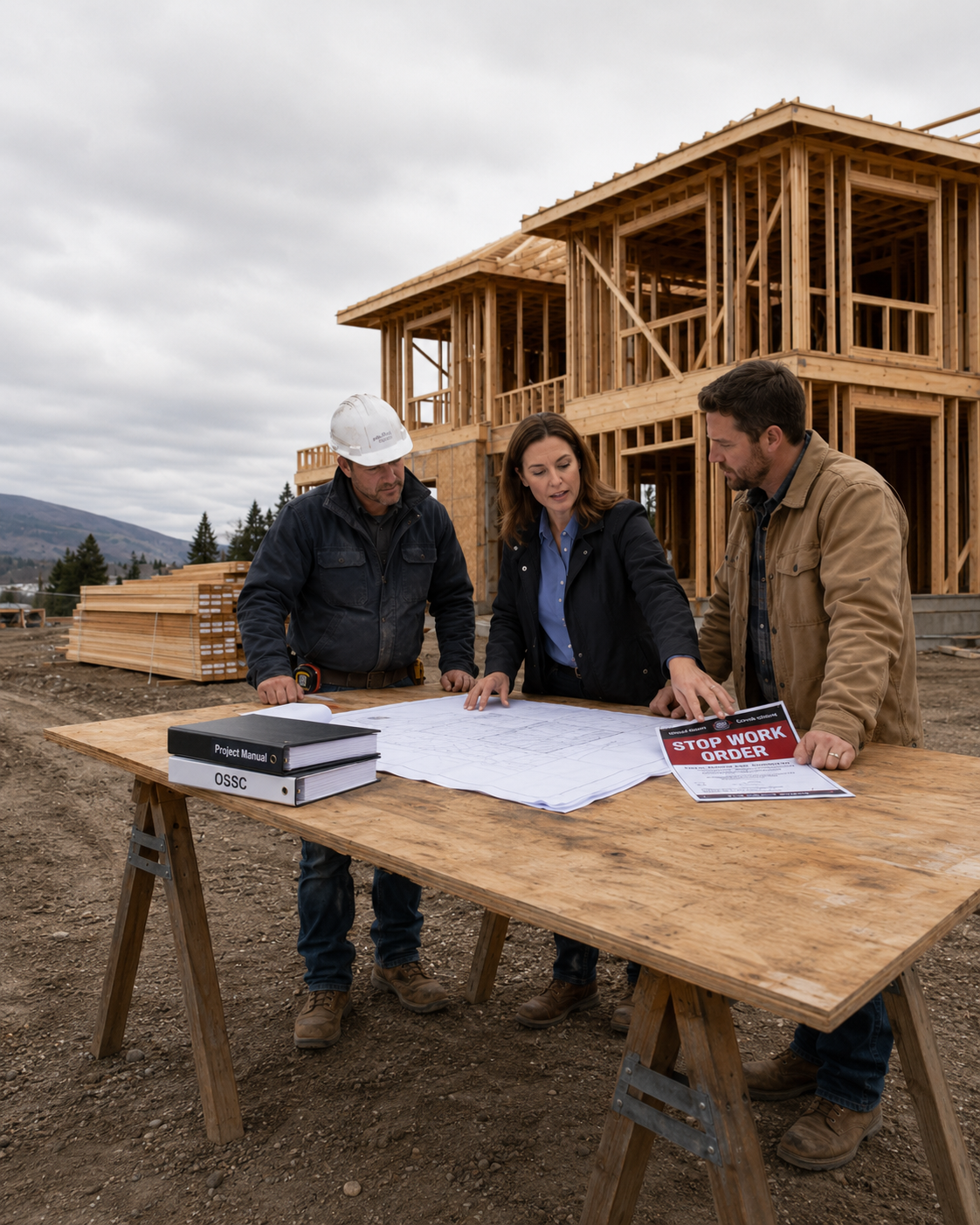 Architect reviewing construction plans with a contractor and owner on an Oregon job site to resolve a stop work order