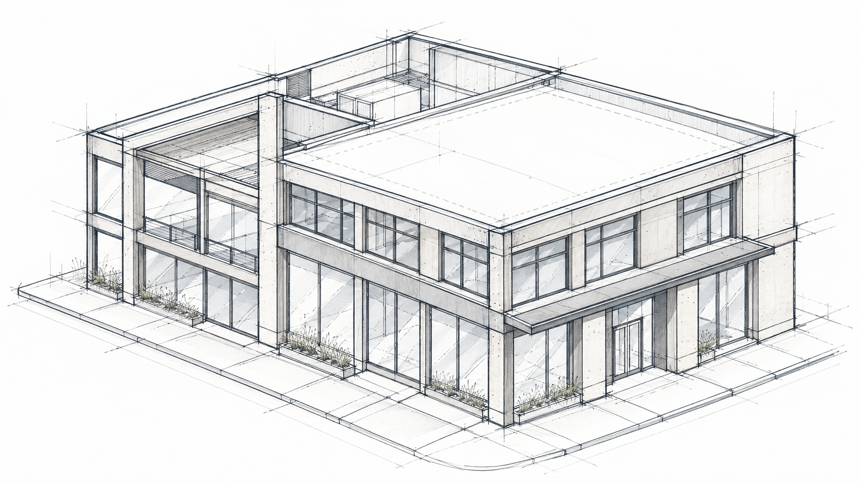 Isometric architectural sketch of a two-story commercial building with large windows, a recessed entrance, and a flat roof.