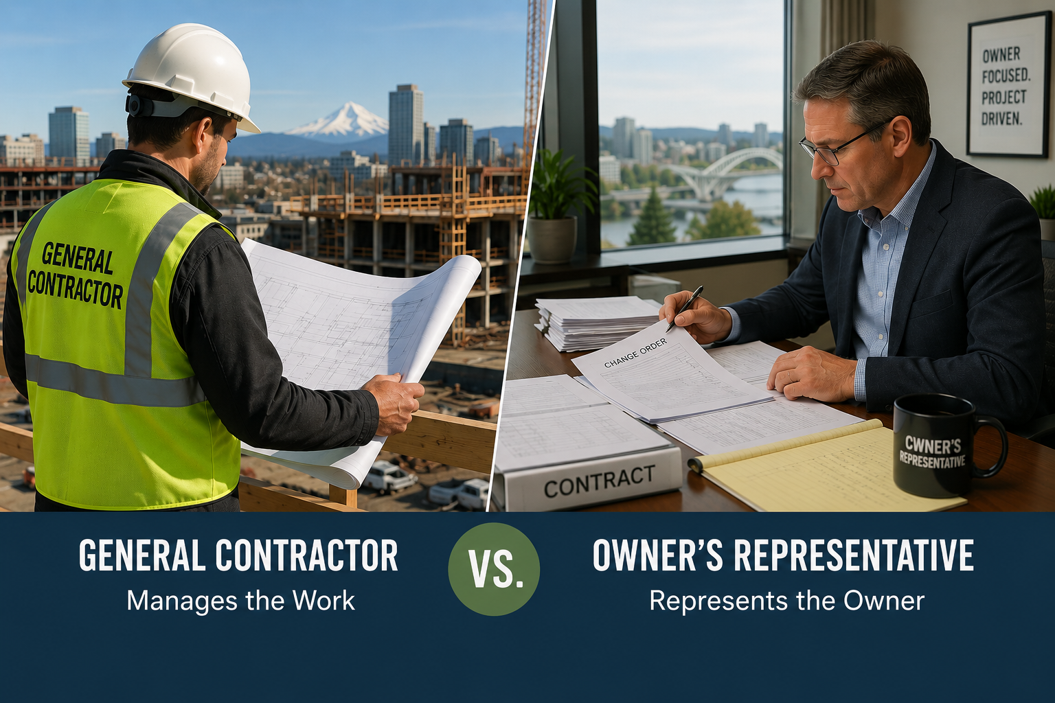 General contractor reviewing construction plans on a Portland job site compared to an owner's representative reviewing contracts and change orders — illustrating owner advocacy in Portland construction projects.