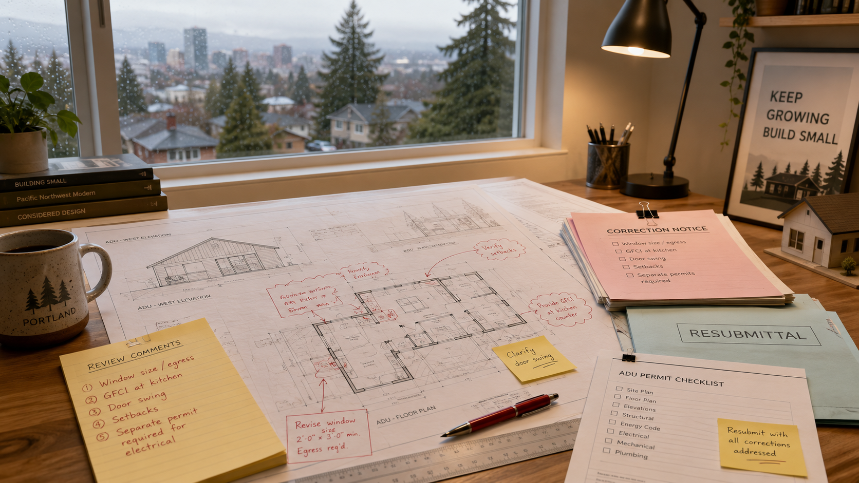 Construction drawings with correction notes, checksheets, and resubmittal documents illustrating the Oregon ADU permit timeline
