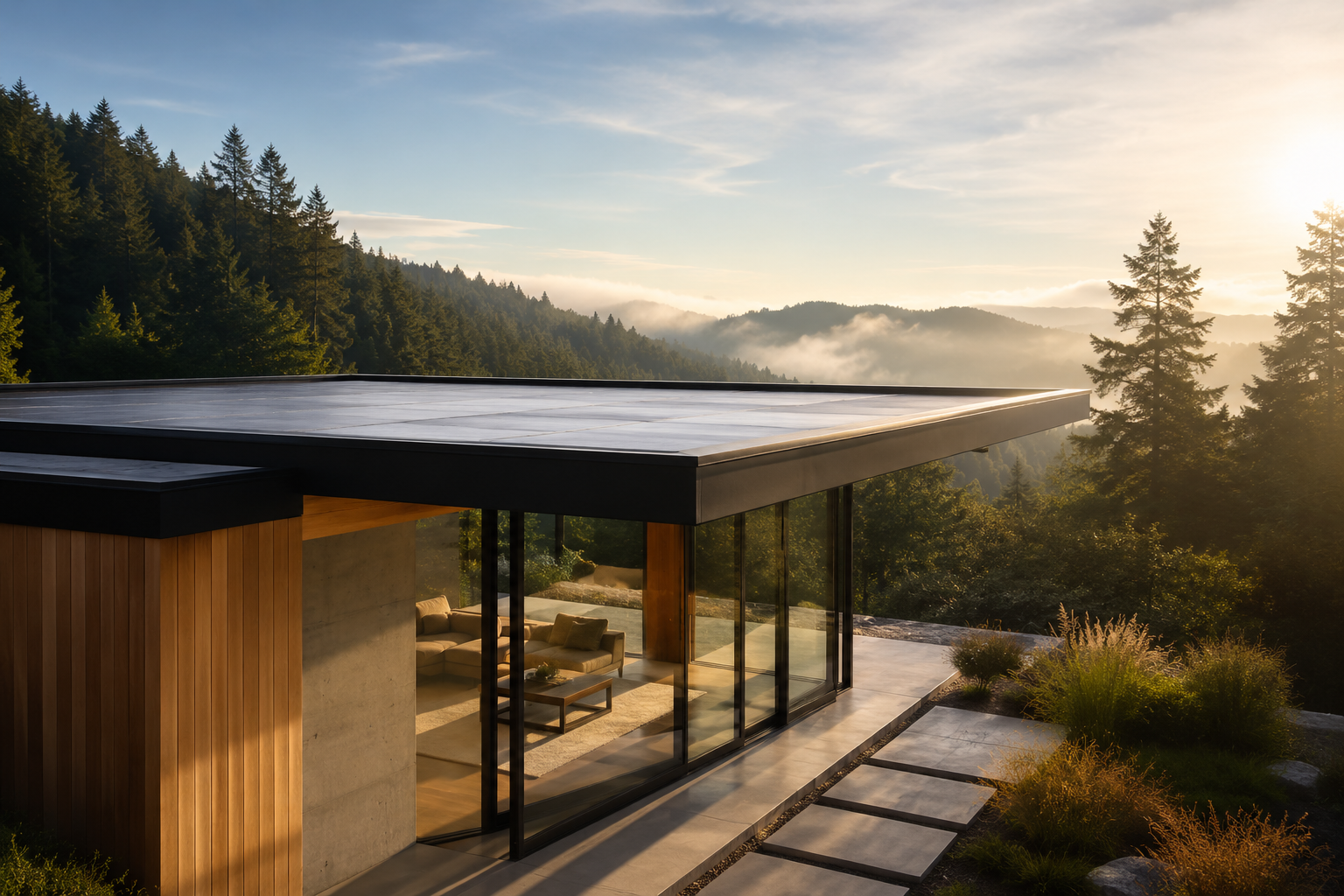 Modern flat-roof home with floor-to-ceiling glazing overlooking a forested mountain landscape, demonstrating simple roof geometry and contemporary residential architecture.