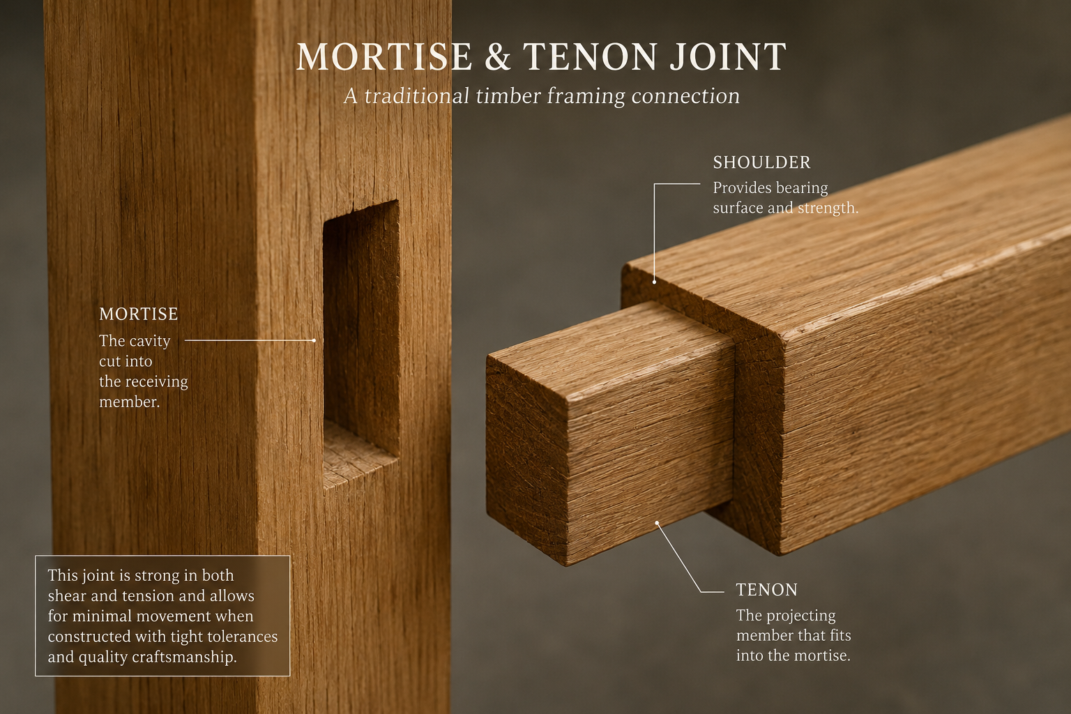 Traditional mortise-and-tenon wood joint used in historic timber framing construction, showing the tenon inserted into the mortise connection.