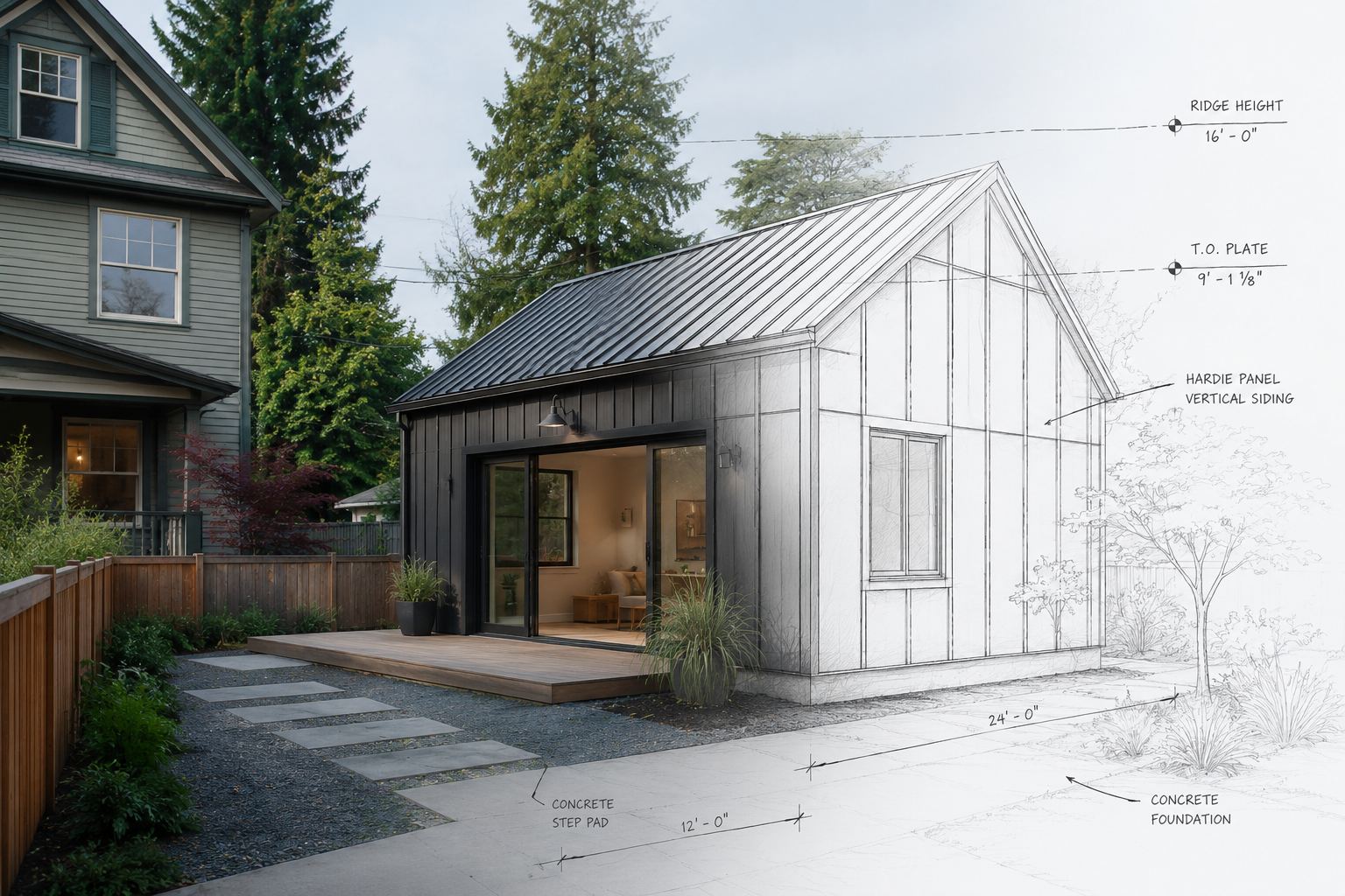 Illustration showing a detached accessory dwelling unit (ADU) in Portland transitioning from architectural concept to finished structure. Used to illustrate early feasibility, permitting, and residential design considerations for Portland homeowners.