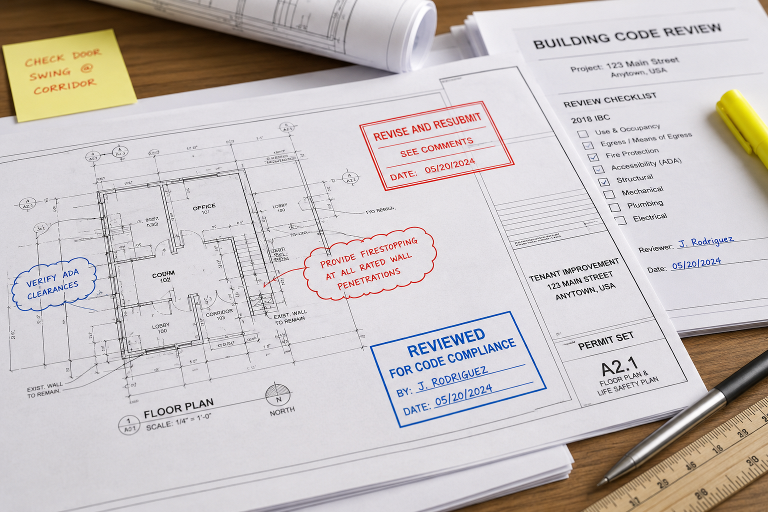 Close-up of permit drawings and building code review documents with technical annotations, review comments, and approval stamps on a desk during preconstruction planning.