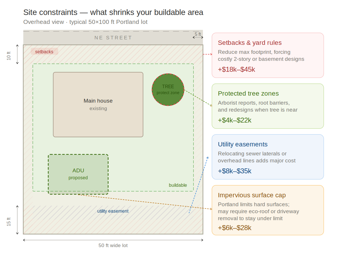 Overhead site plan of a 50-foot Portland lot showing four ADU cost constraints: setbacks adding $18,000–$45,000, protected tree zones adding $4,000–$22,000, utility easements adding $8,000–$35,000, and impervious surface limits adding $6,000–$28,000