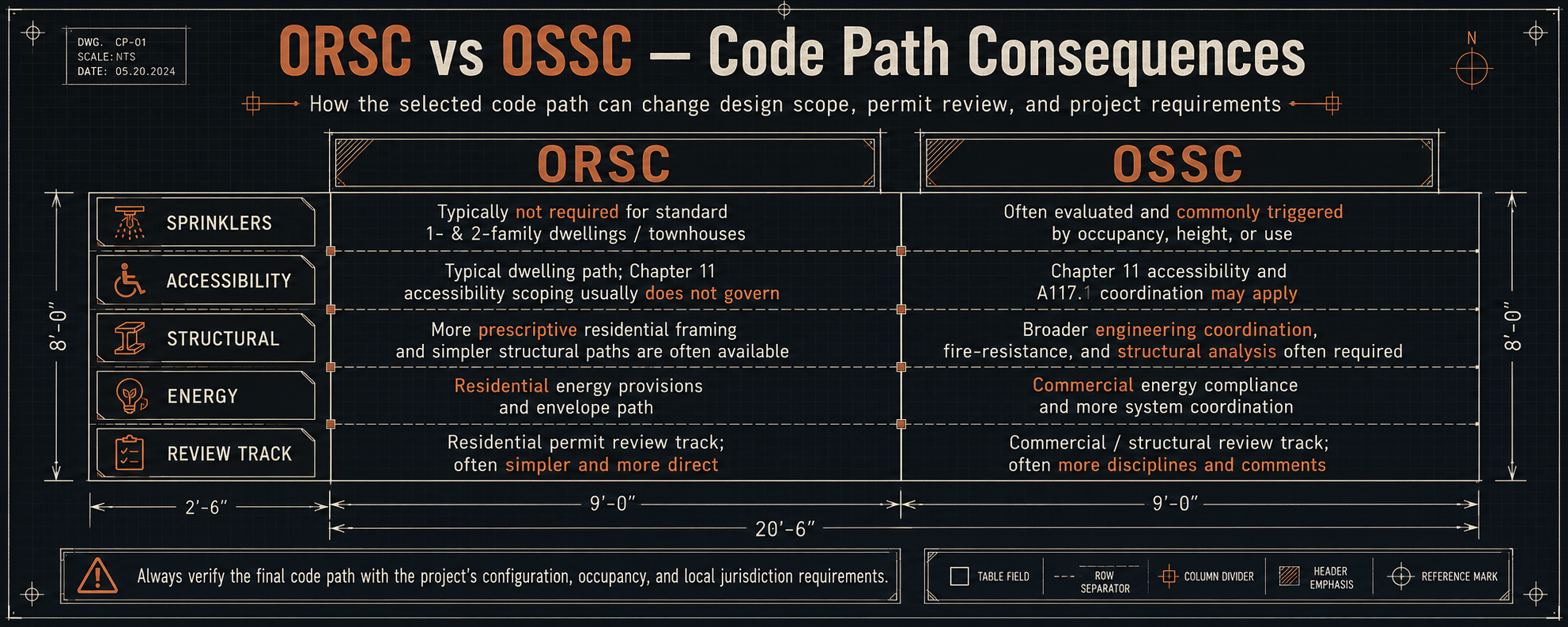 Blueprint-style comparison chart showing ORSC versus OSSC across sprinklers, accessibility, structural requirements, energy, and permit review track