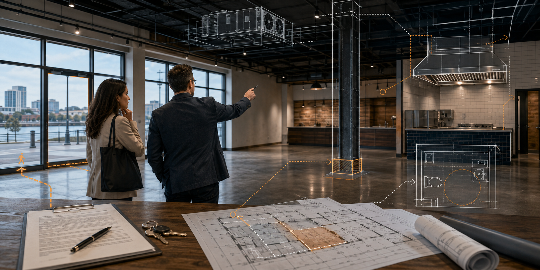 Architect and prospective tenant reviewing commercial lease feasibility and tenant-improvement code risks in Vancouver, Washington