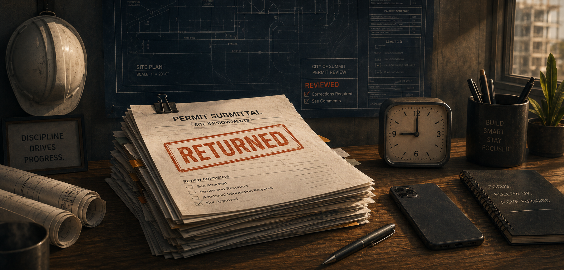 Illustration of a stalled Oregon building permit application stamped "corrections required" on a contractor's desk