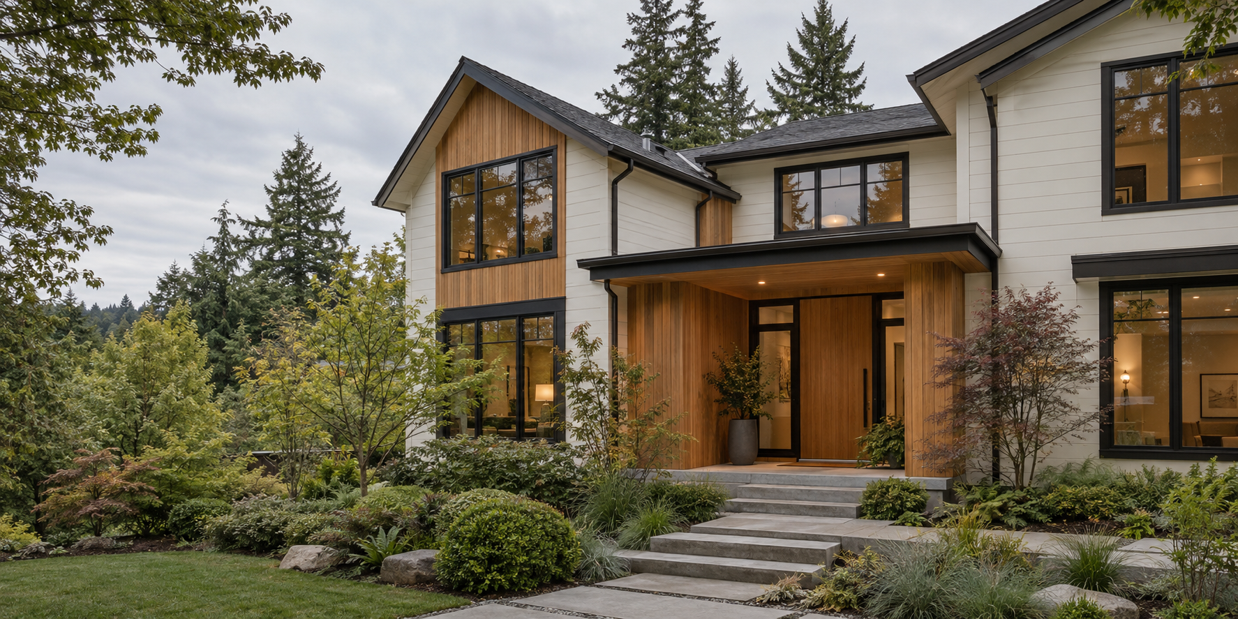Contemporary custom home with cedar siding, white exterior, black-framed windows, and landscaped entry