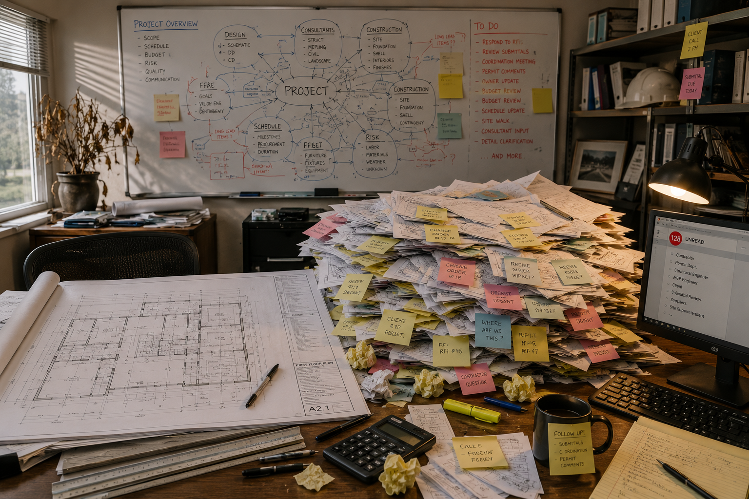Architectural project manager desk showing organized construction drawings alongside a growing backlog of change orders, messages, and project coordination tasks.