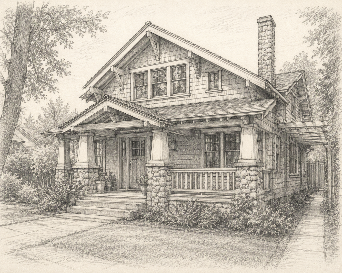 Detailed pencil rendering of a historic Craftsman-style home featuring exposed rafter tails, tapered porch columns, stone piers, and traditional architectural detailing.