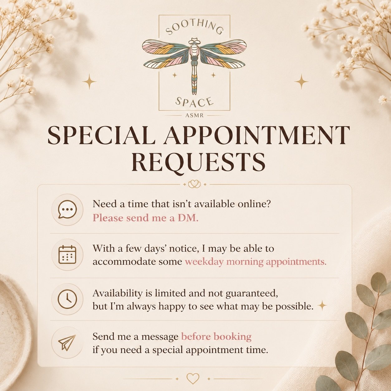 Sometimes life doesn&rsquo;t fit into a booking calendar. 🤍

If you need an appointment time that isn&rsquo;t currently available online, feel free to send me a DM.

With a few days&rsquo; notice, I may be able to accommodate some weekday morning ap