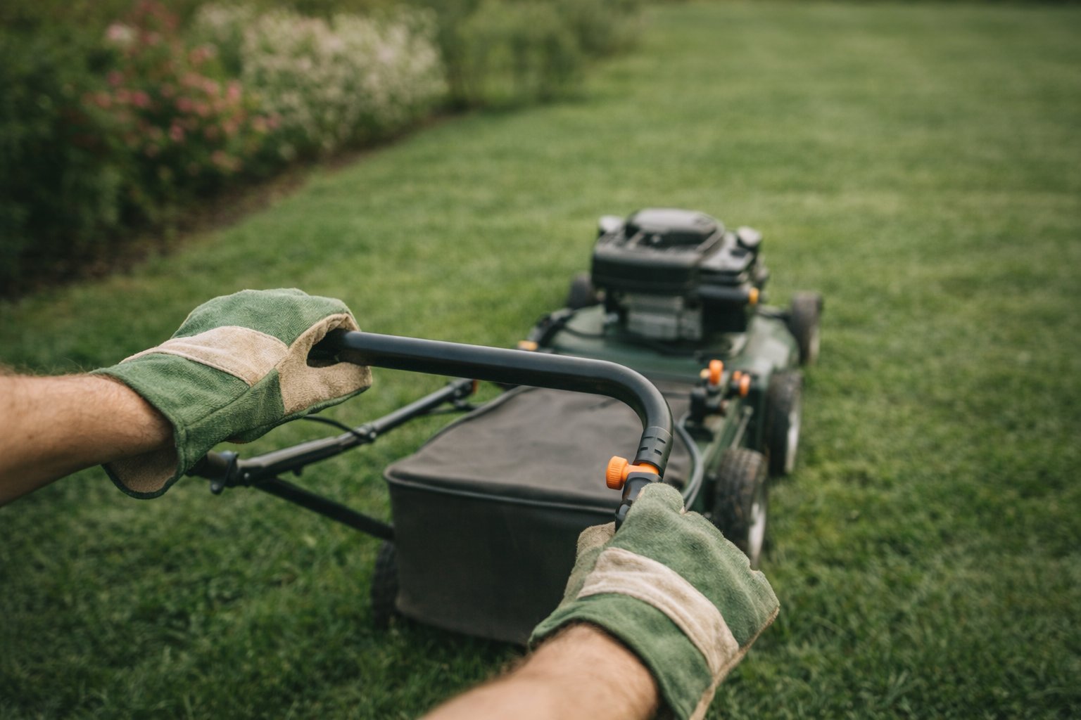 Person using a push lawn mower on a grassy lawn, wearing gloves.