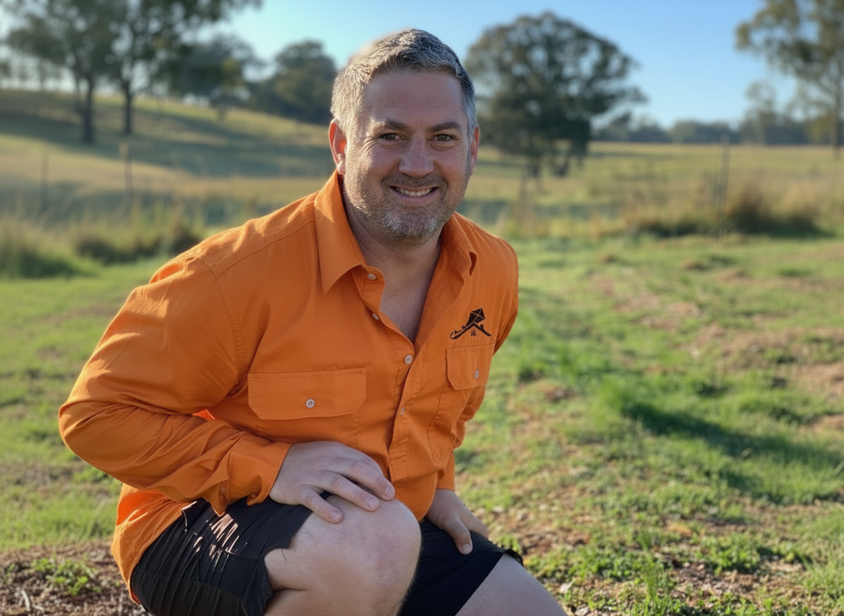 A man crouching outdoors on a grassy field, smiling at the camera, wearing an orange button-up shirt and black shorts, with trees and a fence in the background during daytime.