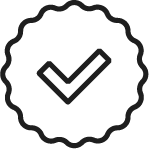 A checkmark inside a scalloped circle badge