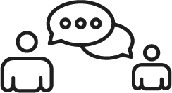 Two simplified human figures with speech bubbles indicating conversation.