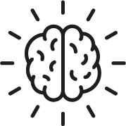 A simplistic black and white illustration of a human brain with radiating lines.