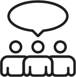 Three people sitting in a row engaged in conversation, with a speech bubble above them.
