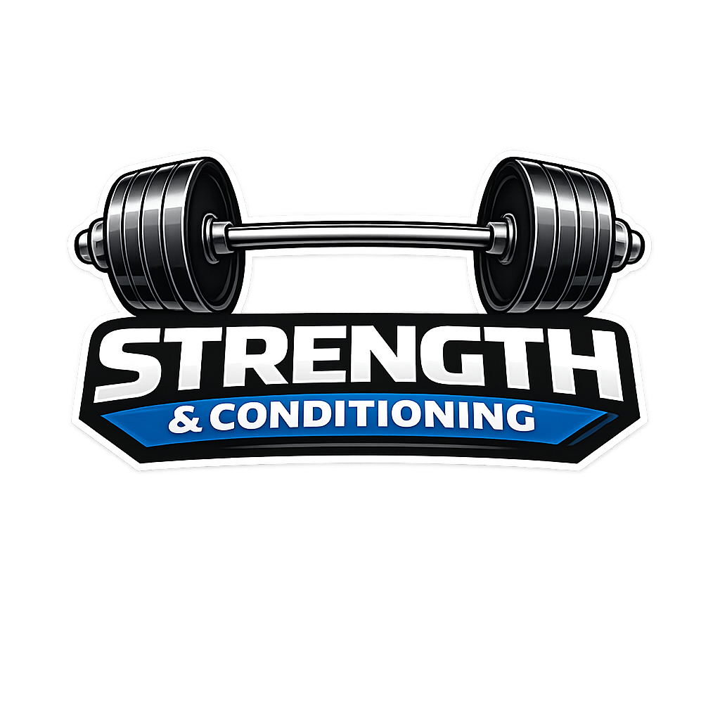 A graphic design of a barbell with weight plates and the text "Strength & Conditioning" below it.