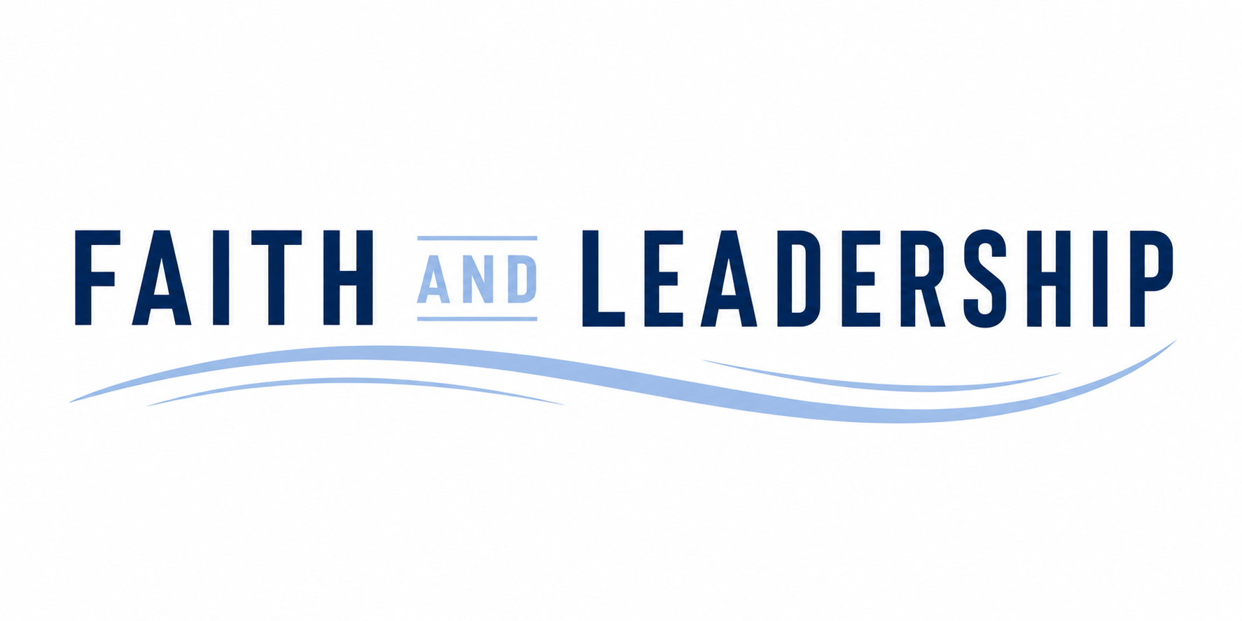 Logo with the words 'Faith and Leadership' in blue, with 'and' in light blue and underlined, and stylized blue waves underneath.
