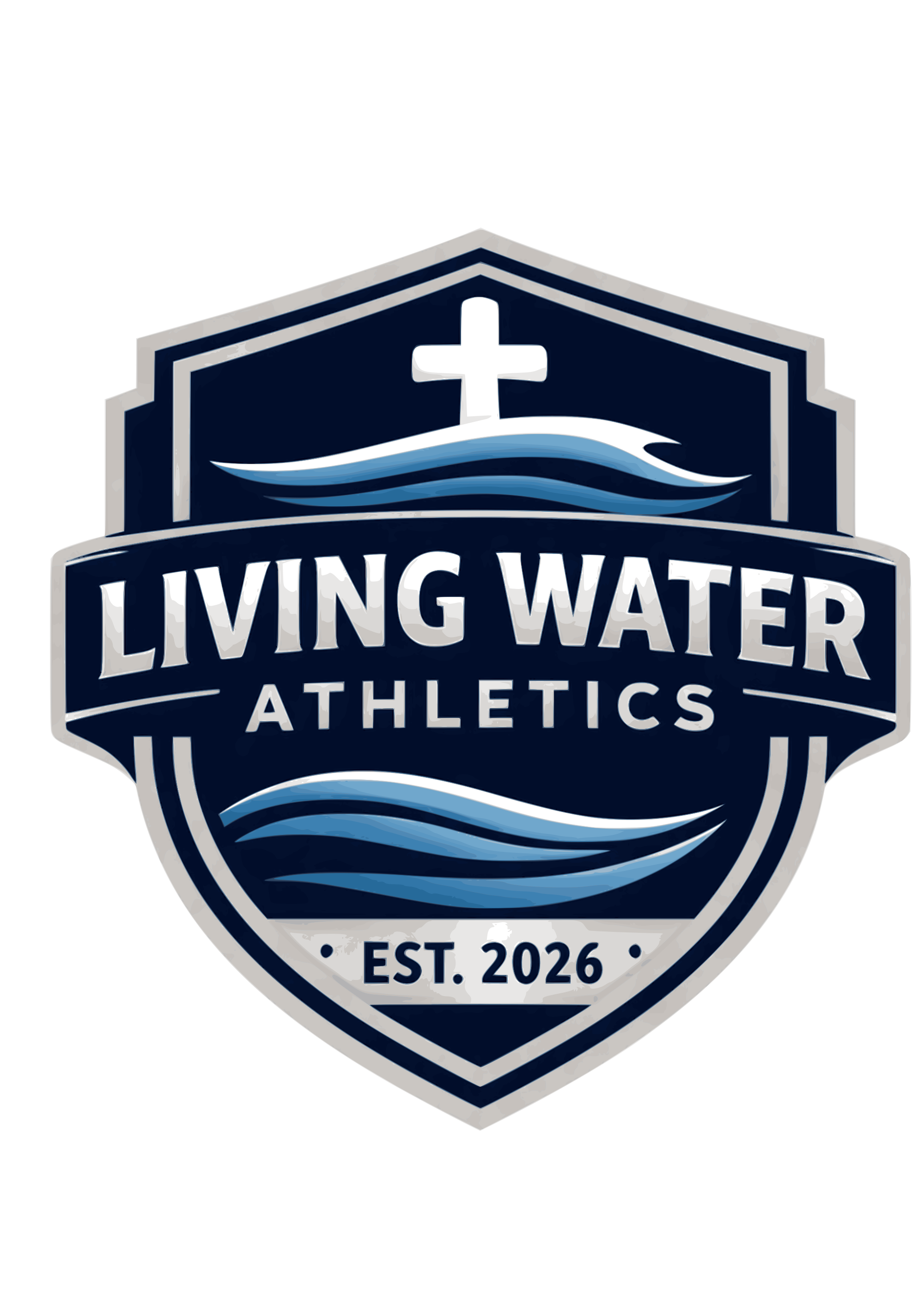 Logo for Living Water Athletics, established 2026, featuring a shield with a cross and waves of water on a dark blue background.