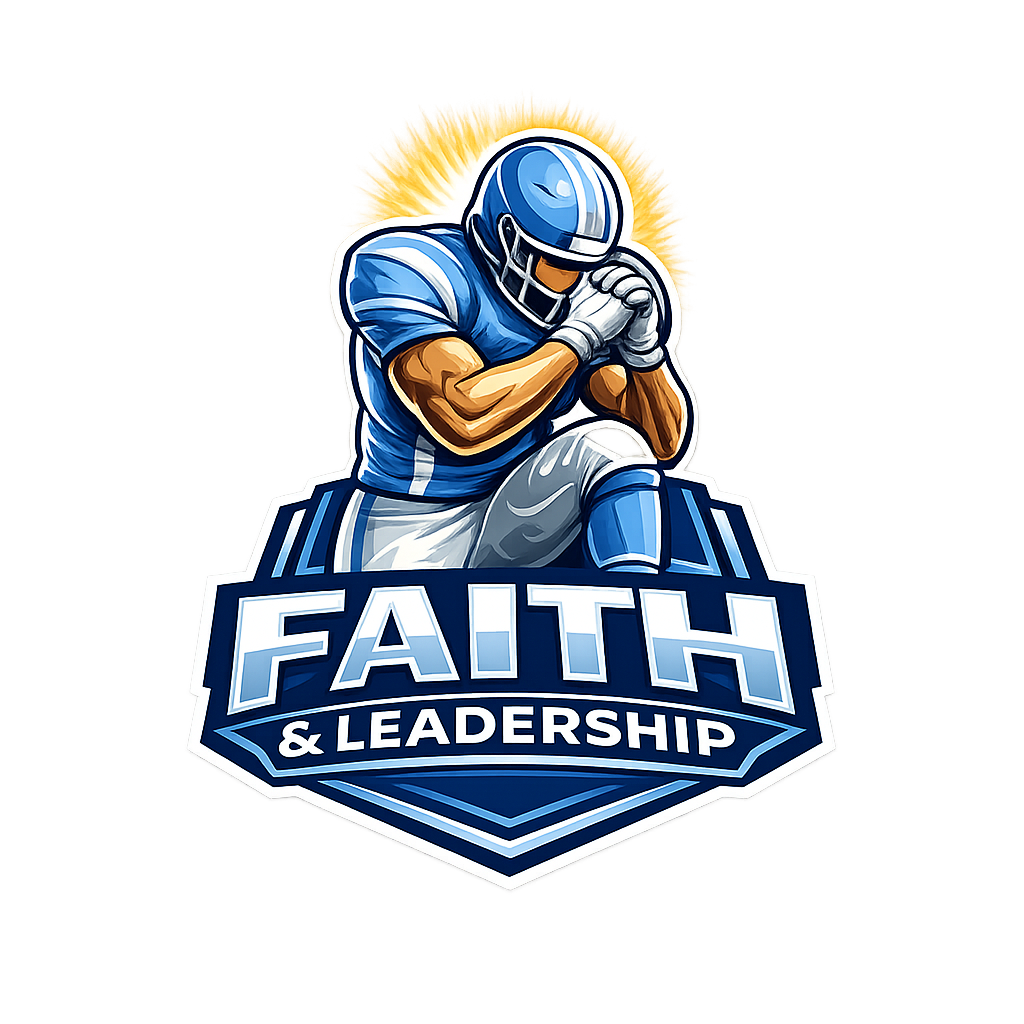 A logo featuring a football player kneeling with head bowed, wearing a blue helmet and uniform, with the words 'Faith & Leadership' below him.