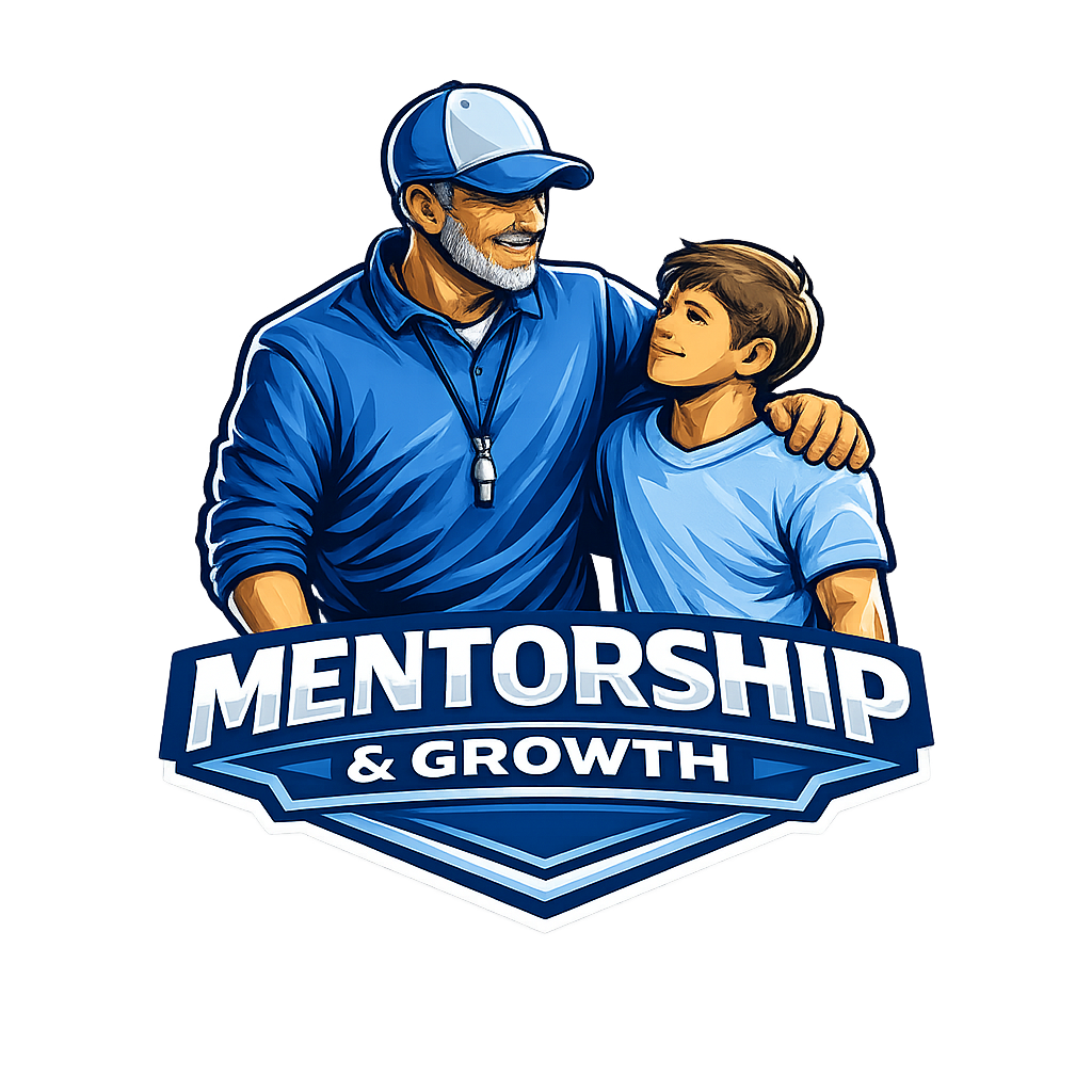 Illustration of an older man with a gray beard in a blue jacket and cap, smiling and embracing a young boy in a blue shirt, with a banner that reads "Mentorship & Growth."