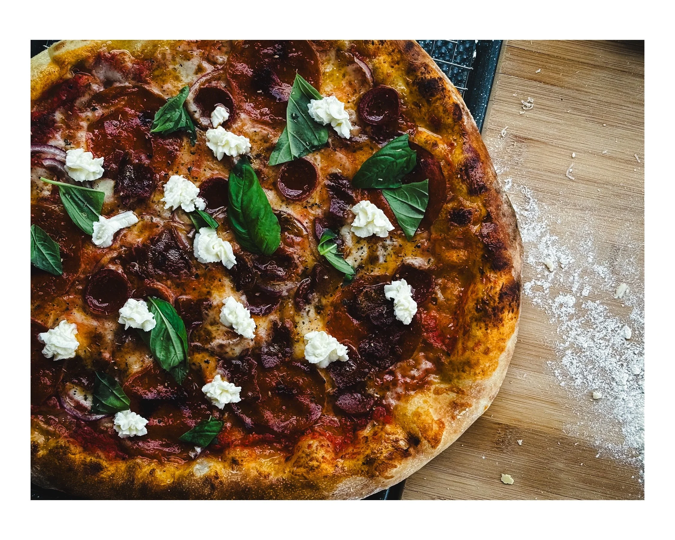 2pepps &mdash; ricotta &mdash; basil &mdash; fresh every thing 
A staple pizza in our repertoire 

#freshhotpizza 

#dailyverse
&ldquo;Not only so, but we also glory in our sufferings, because we know that suffering produces perseverance; perseveranc