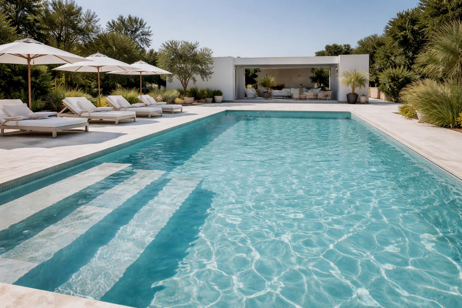 Luxury outdoor swimming pool with white lounge chairs and umbrellas on a sunny day, surrounded by greenery and modern outdoor furniture. Papamoa. Tauranga