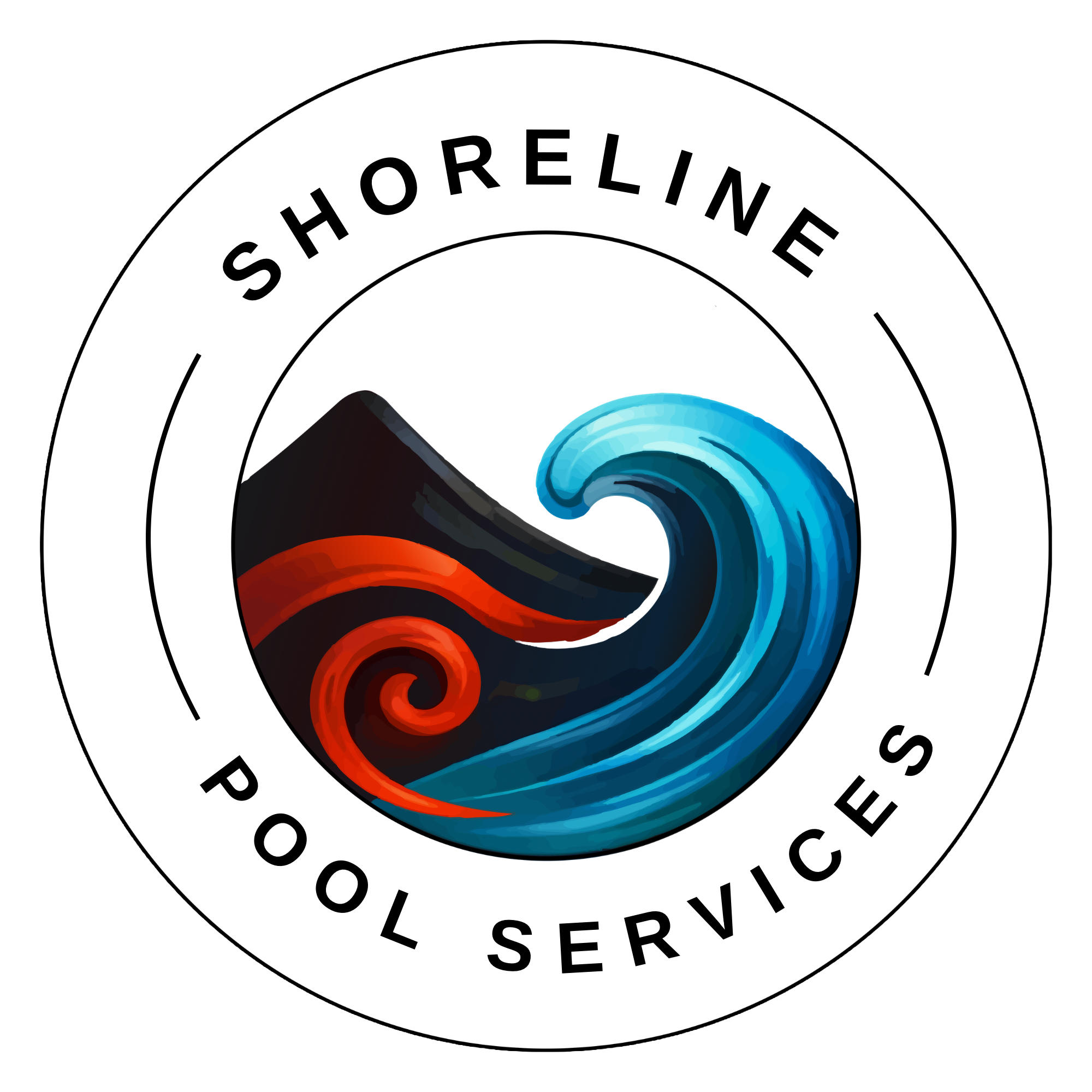 A circular logo with a stylized wave and mountain illustration in the center, surrounded by the text 'SHORELINE POOL SERVICES'.
