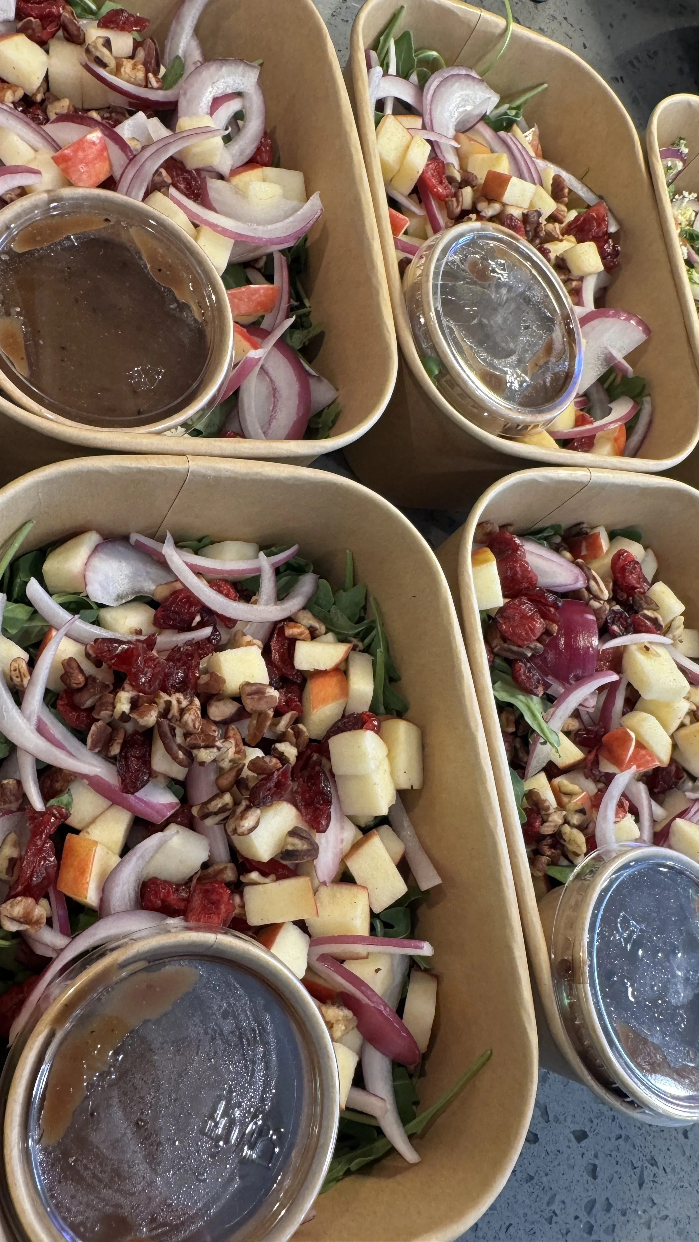 Bowls of freshly prepared salad with arugula, sliced red onions, chopped apples, dried cranberries, walnuts, and small containers of dressing on top.