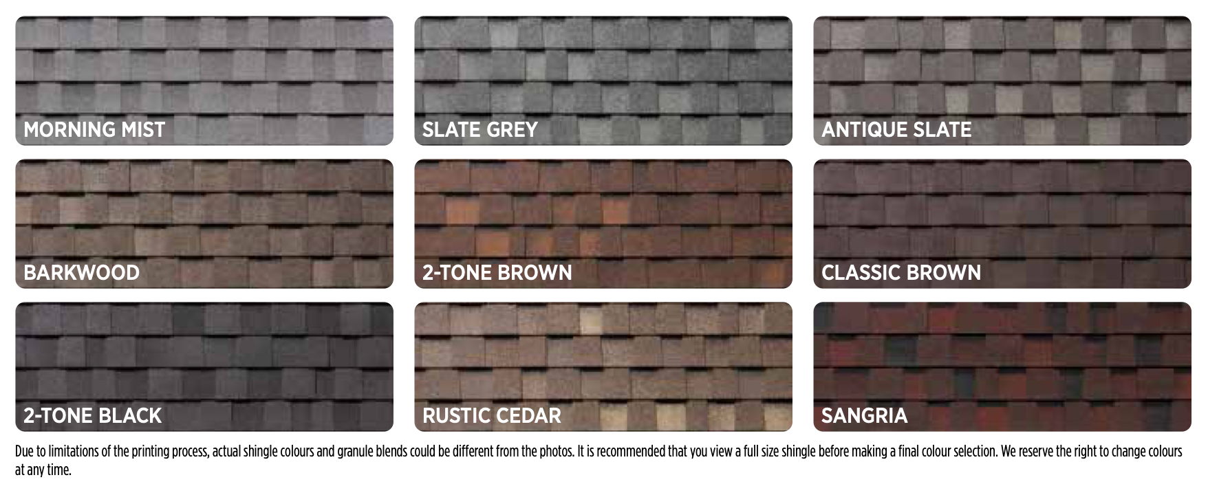 Image showing various types of shingle colors and textures, including Morning Mist, Slate Grey, Antique Slate, Barkwood, 2-Tone Brown, Classic Brown, 2-Tone Black, Rustic Cedar, and Sangria.
